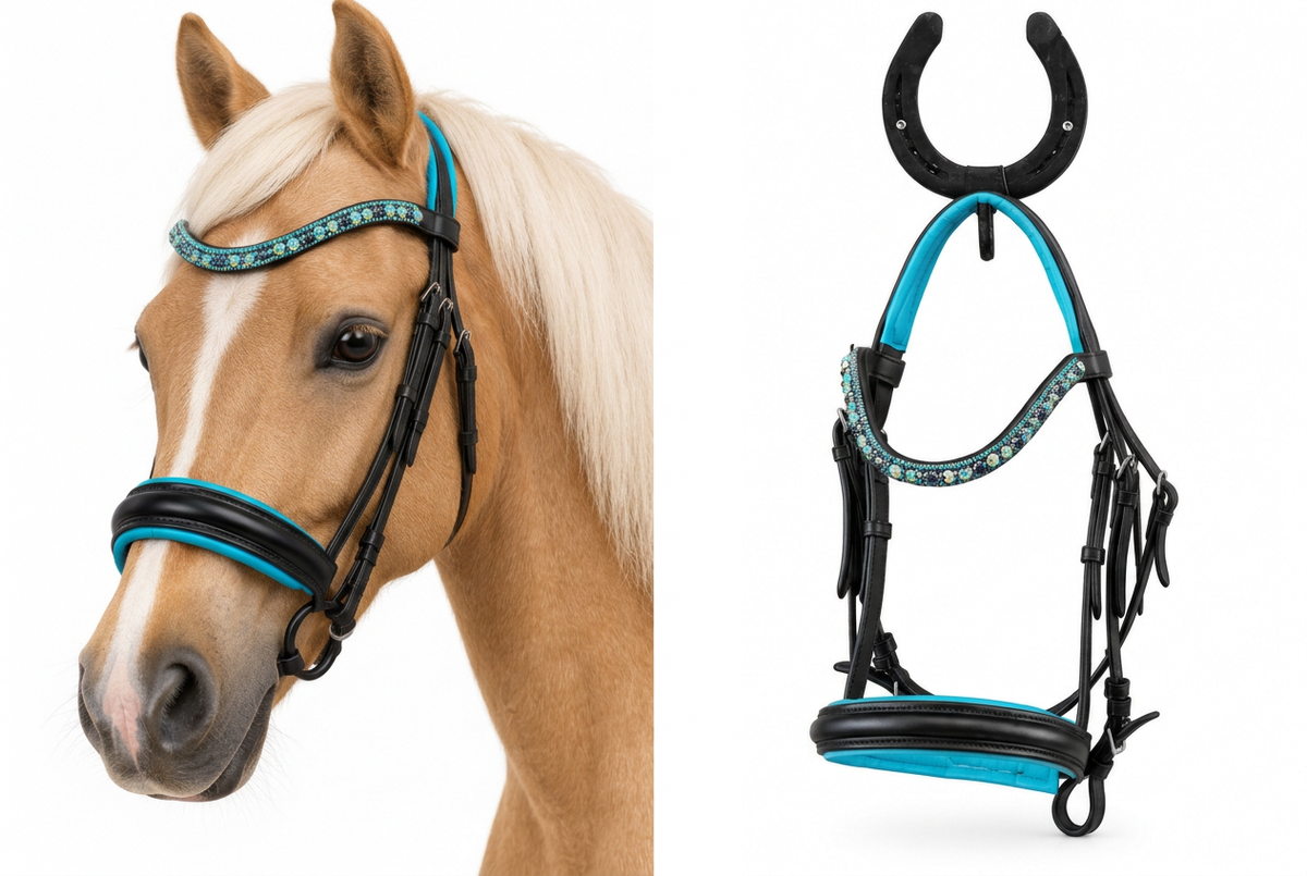 Caballo y brida Capri Blue juntos en una sola imagen