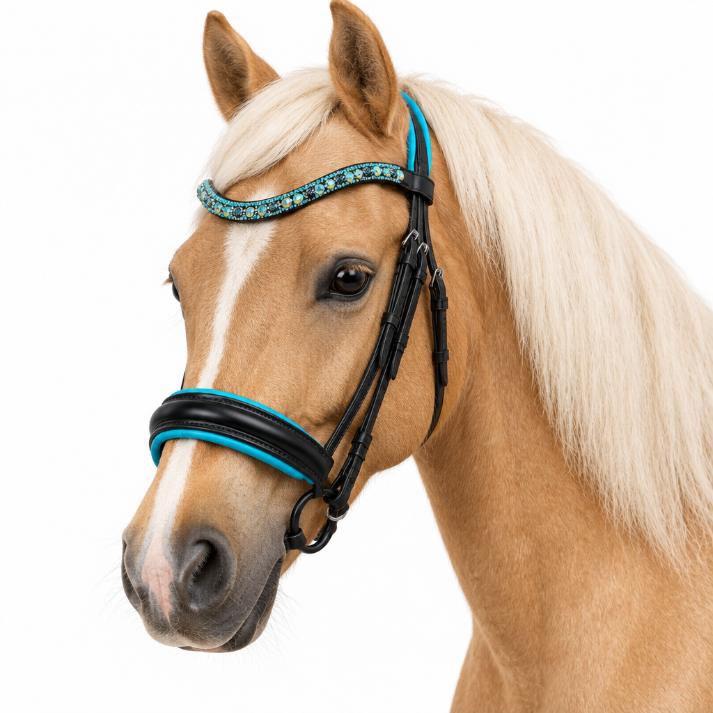 Poni palomino con brida Capri Blue